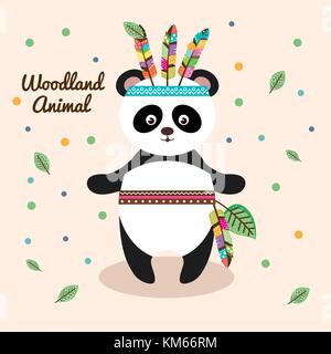 Bär panda woodland Tier mit federkrone Stock Vektor
