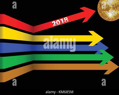 3D-Darstellung der Bunte Pfeile mit 2018 neuen Jahre Datum und golden Disco Kugel über schwarzen Hintergrund Stock Vektor