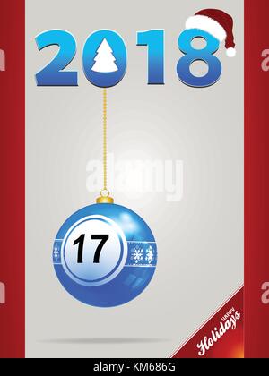Festliche Tafel mit roten Rändern Blau Christbaumkugel 2018 in Zahlen mit Weihnachtsmütze und Weihnachtsbaum Stock Vektor