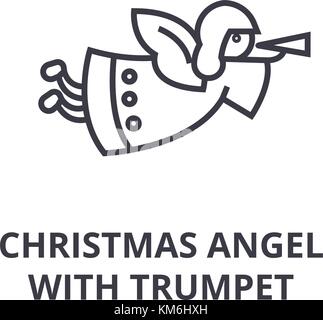 Weihnachten Engel mit Trompete Symbol Leitung, Outline, lineare Symbol, Vektor, Abbildung Stock Vektor