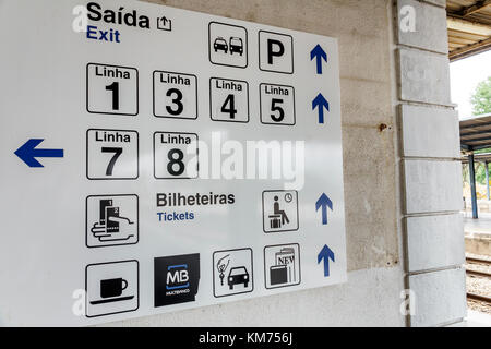 Coimbra Portugal, Coimbra B, Comboios de Portugal, Eisenbahn, Zug, Bahnhof, Schild, Gleise, Richtung, Hispanic, Einwanderer, Portugiesisch, PT170705007 Stockfoto