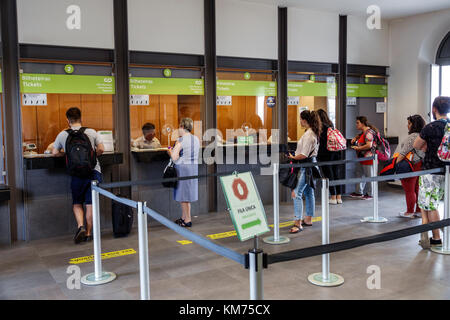 Coimbra Portugal, Coimbra B, Comboios de Portugal, Eisenbahn, Bahnhof, Fahrkartenschalter, Mann, Männer, Frau, Frauen, Schlange, Hispanic, Immi von Einwanderern Stockfoto