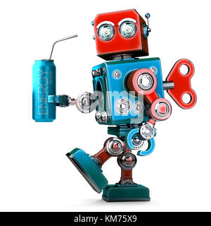 Roboter mit Energy Drink Dose. Technologiekonzept. 3D-Abbildung. Isoliert. Enthält Beschneidungspfad. Stockfoto