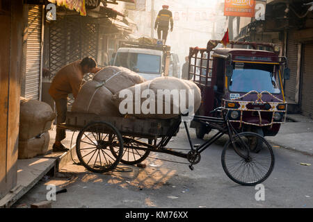 Mann laden Dreirad mit schweren Säcken in Amritsar, Indien Stockfoto