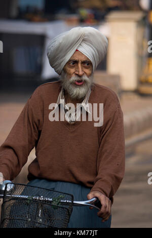 Portrait von Punjabi sikh Mann mit weißem Bart und Turban Reiten Fahrrad in amrtisar, Punjab Stockfoto