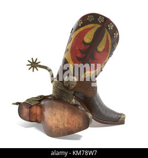 Nahaufnahme von ein Paar Cowboystiefel mit Sporen auf Weiß. 3D-Darstellung Stockfoto