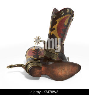 American Rodeo Cowboy traditionelle Leder Stiefel mit authentischen Western Reiten Sporne auf Weiß. 3D-Darstellung Stockfoto