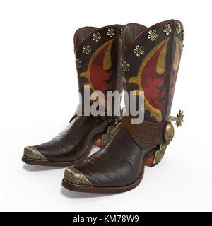 Dekorative Cowboy-stiefel isoliert auf Weiss. 3D-Darstellung Stockfoto