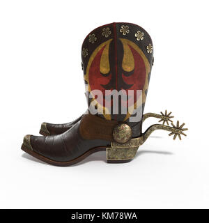 Seitenansicht des alten Western Stiefel und Sporen auf Weiß isoliert. 3D-Darstellung Stockfoto