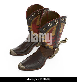 Western Stiefel und Sporen auf Weiß isoliert. 3D-Darstellung Stockfoto