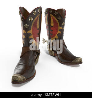 American Rodeo Cowboy traditionelle Leder Stiefel mit authentischen Western Reiten Sporne auf Weiß. 3D-Darstellung Stockfoto
