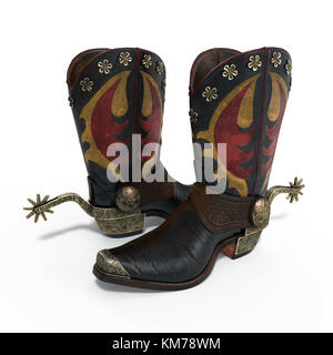 American West Rodeo Cowboy paar Leder Western Reiten Stiefel mit authentischen ranching Sporne auf Weiß. 3D-Darstellung Stockfoto