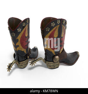 American West Rodeo Cowboy paar Leder Western Reiten Stiefel mit authentischen ranching Sporne auf Weiß. 3D-Darstellung Stockfoto
