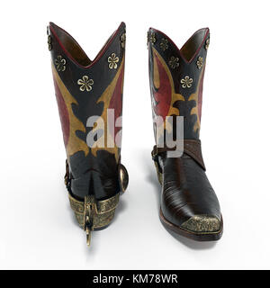 Nahaufnahme von ein Paar Cowboystiefel mit Sporen auf Weiß. 3D-Darstellung Stockfoto