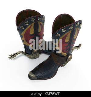 Nahaufnahme von ein Paar Cowboystiefel mit Sporen auf Weiß. 3D-Darstellung Stockfoto