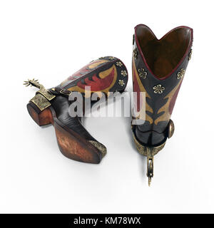 Alte Western Stiefel und Sporen auf Weiß isoliert. 3D-Darstellung Stockfoto