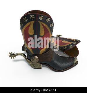 Alte Western Stiefel und Sporen auf Weiß isoliert. 3D-Darstellung Stockfoto
