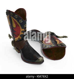 Alte Leder Cowboy Stiefeln auf Weiß isoliert. 3D-Darstellung Stockfoto
