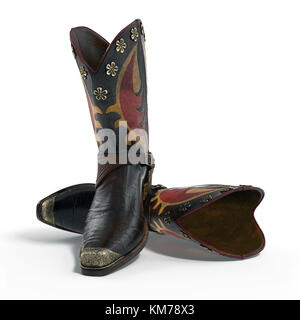 Alte Leder Cowboy Stiefeln auf Weiß isoliert. 3D-Darstellung Stockfoto