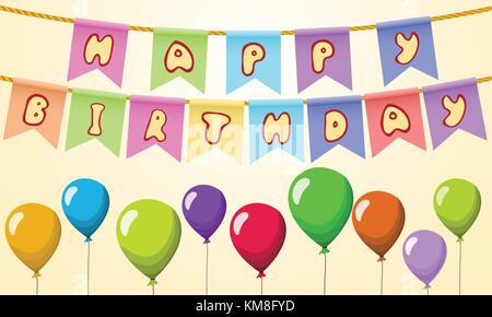 Alles Gute zum Geburtstag text auf Seil mit Luftballons. Stock Vektor