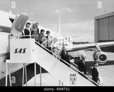 Der SAS DC-8-33, der in den 1960er Jahren vor Ort gesehen wurde, ist ein wichtiger Moment in der Luftfahrtgeschichte. Das Flugzeug namens Dan Viking war in den 1960er Jahren Teil der Flotte der Scandinavian Airlines, die für sein Design und seinen Service bekannt war. Stockfoto