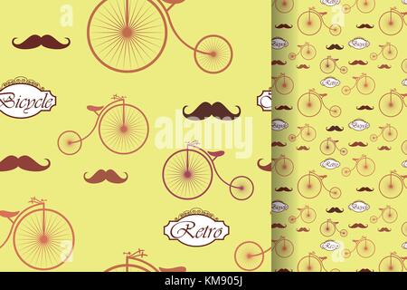 Retro Fahrrad- und Schnurrbart, nahtlose Muster, Vintage Elemente Hintergrund. Stock Vektor