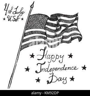 Usa wehende Flagge, amerikanische Symbol, Juli, handgezeichnete Skizze, Text happy Independence Day, Vector Illustration, auf weissem isoliert. Stock Vektor