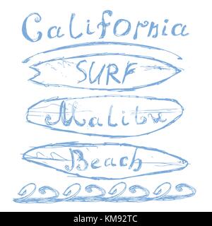 Hand gezeichnet skizziert Schriftzug Kalifornien Malibu Beach Surf Zeichen, t-shirt Druck Design, Typographie Grafiken grungy Vektor-illustration Abzeichen appliq Stock Vektor