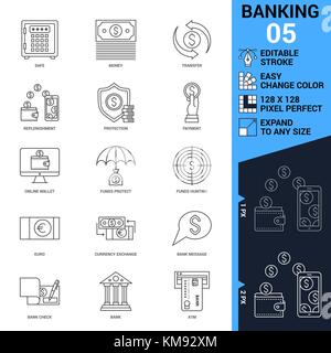 Banking Symbole gesetzt. Dünne Linie Vektor Illustration - Hub Gewicht einstellen - Erweitern zu jeder Größe - Einfache Farbe ändern - bearbeitbar Stock Vektor