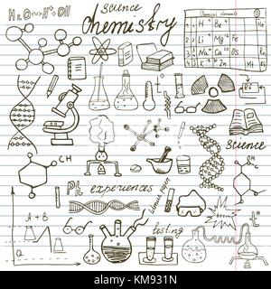 Chemie und sciense Elemente doodles Symbole gesetzt. Hand gezeichnete Skizze mit Mikroskop, Formeln, Experimente, Ausrüstung, Analysetools, Vektor illustrati Stock Vektor