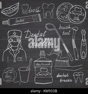 Zahnmedizinische Gesundheit doodles Symbole gesetzt. Hand gezeichnete Skizze mit Zähne, Zahnpasta Zahnbürste Zahnarzt Mund waschen und floss. Vector Illustration auf Tafel b Stock Vektor