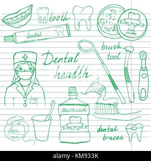 Zahnmedizinische Gesundheit doodles Symbole gesetzt. Hand gezeichnete Skizze mit Zähne, Zahnpasta Zahnbürste Zahnarzt Mund waschen und floss. Vector Illustration auf Notebook pap Stock Vektor
