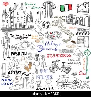 Mailand Italien Skizze Elemente. Hand gezeichnet mit Dom, Flagge, Karte, Schuh, Mode, Pizza, Einkaufsstraße, den Transport und die traditionellen fo eingestellt Stock Vektor