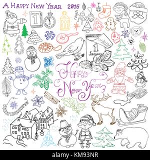Hand gezeichnete Skizze Design von Frohes neues Jahr 2016 Doodles mit Schriftzug, mit Weihnachtsbäumen Schneeflocken Schneemann, Elfen, Rotwild, Santa Claus und fest Stock Vektor
