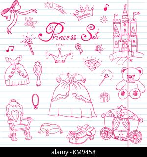 Hand gezeichnet vector Abbildung von Prinzessin Zeichen, Schloss, Thron und Schlitten, Zauberstab, Spiegel, Stofftier, Krone und Schmuck, niedliche Reihen doodl Stock Vektor