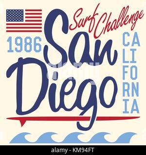 T-Shirt Druck Design, Typographie Grafiken sommer Vektor-illustration Abzeichen applique label Kalifornien San Diego unterzeichnen. Stock Vektor
