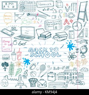 Zurück zu Schule liefert Sketchy notebook Doodles mit Schriftzug, hand-drawn Vector Illustration Design Elemente auf gesäumt Skizzenbuch am Schwarzen Brett Stock Vektor