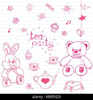 Hand gezeichnet Vector Illustration Satz von Tea Party mit ausgestopften Spielzeug, Teekanne, Tassen, Pfannkuchen, Süßigkeiten Vögel und Schmetterlinge, niedliche Reihen doodles Elemente. Stock Vektor