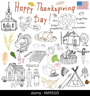 Thanksgiving doodles. traditionelle Symbole Skizze Sammlung, Lebensmittel, Getränke, Türkei, Kürbis, Mais, Wein, wheet, Gemüse, idians und Pilger ite Stock Vektor