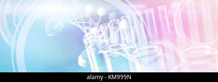 Bild von Molekülen Schnittstelle gegen Reagenzglas mit chemischen Lösung Stockfoto