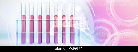 Bild von Molekülen Schnittstelle gegen Reagenzglas mit chemischen Lösung Stockfoto