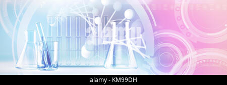 Bild von Molekülen Schnittstelle gegen Labor Kolben mit chemischen Lösungen Stockfoto