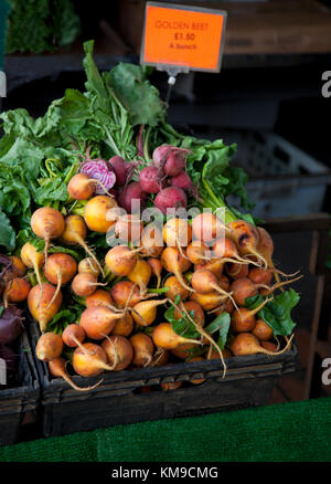 Ein Haufen von goldenen und roten Rüben choggias auf einem auf dem preisgekrönten Farmers Market in Stroud, Gloucestershire, Großbritannien Stockfoto