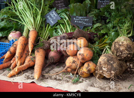 Eine Anzeige von erdig, Organic root Gemüse auf einem auf dem preisgekrönten Farmers Market in Stroud, Gloucestershire, Großbritannien Stockfoto