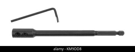 Blick von oben auf einen neuen Bohrer Erweiterung mit Sechskantschlüssel auf weißem Hintergrund. Stockfoto