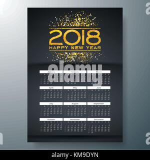 2018 Vorlage Kalender Abbildung mit glänzenden gold Nummer auf schwarzen Hintergrund. Woche beginnt am Sonntag. vektor design. Stock Vektor