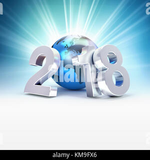 Neues Jahr Datum 2018 zusammen mit einem blauen Planeten Erde, auf einem glänzenden blauen Hintergrund - 3D-Darstellung Stockfoto