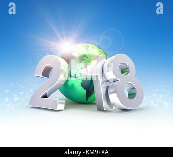 Neues Jahr Datum 2018 zusammen mit einem grünen Planeten Erde, auf einem glitzernden blauen Hintergrund - 3D-Darstellung Stockfoto