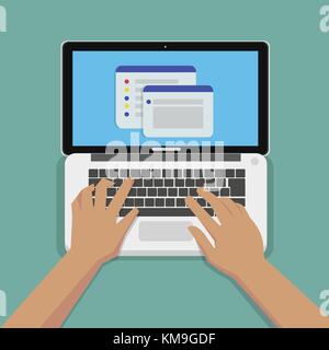 Flache Hände schreiben auf weiße Tastatur mit Laptop und Webseite auf dem Bildschirm Stock Vektor