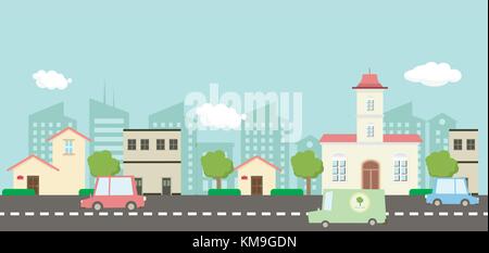 Straße in öffentlichen Park mit Natur Landschaft und Auto, Gebäude Hintergrund Vector Illustration. main street scene Vektor. Stadt Straße mit Himmel Hintergrund Stock Vektor